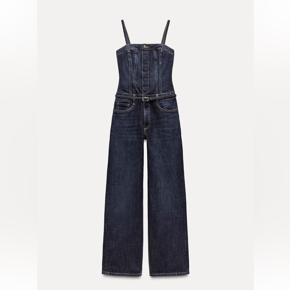Zara  Blue Denim Jumpsuit With Belt Corset Size Large BNWT